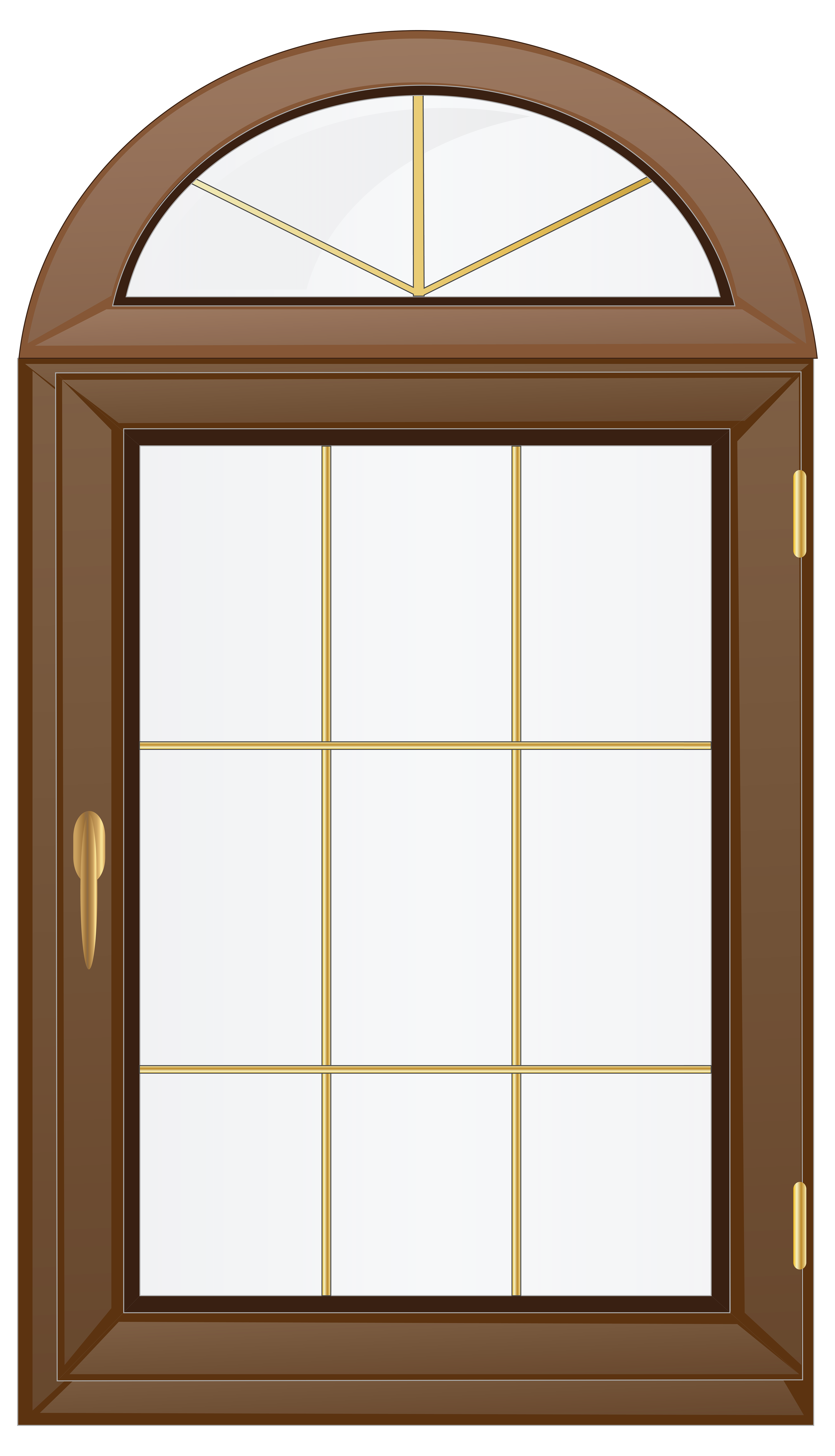 Brown arched window with fanlight top and gold hardware