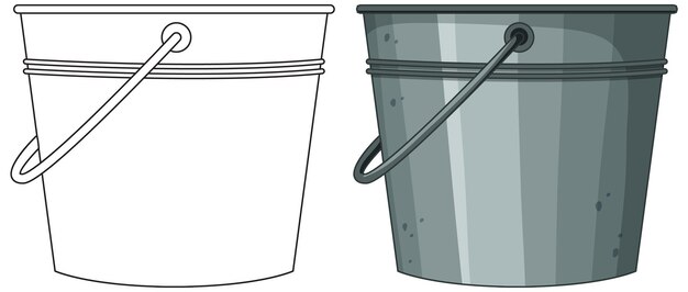 Side-by-side illustration of a line art bucket and a shaded grey metal bucket.