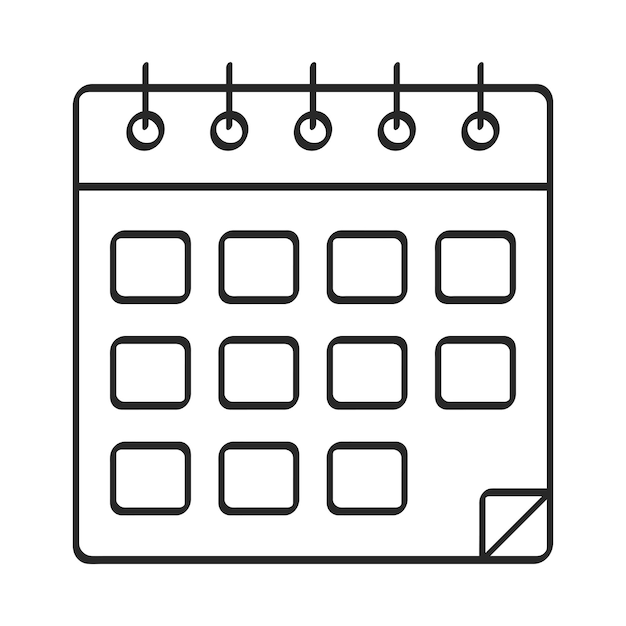 Line art icon of a monthly calendar with spiral binding and grid of days.