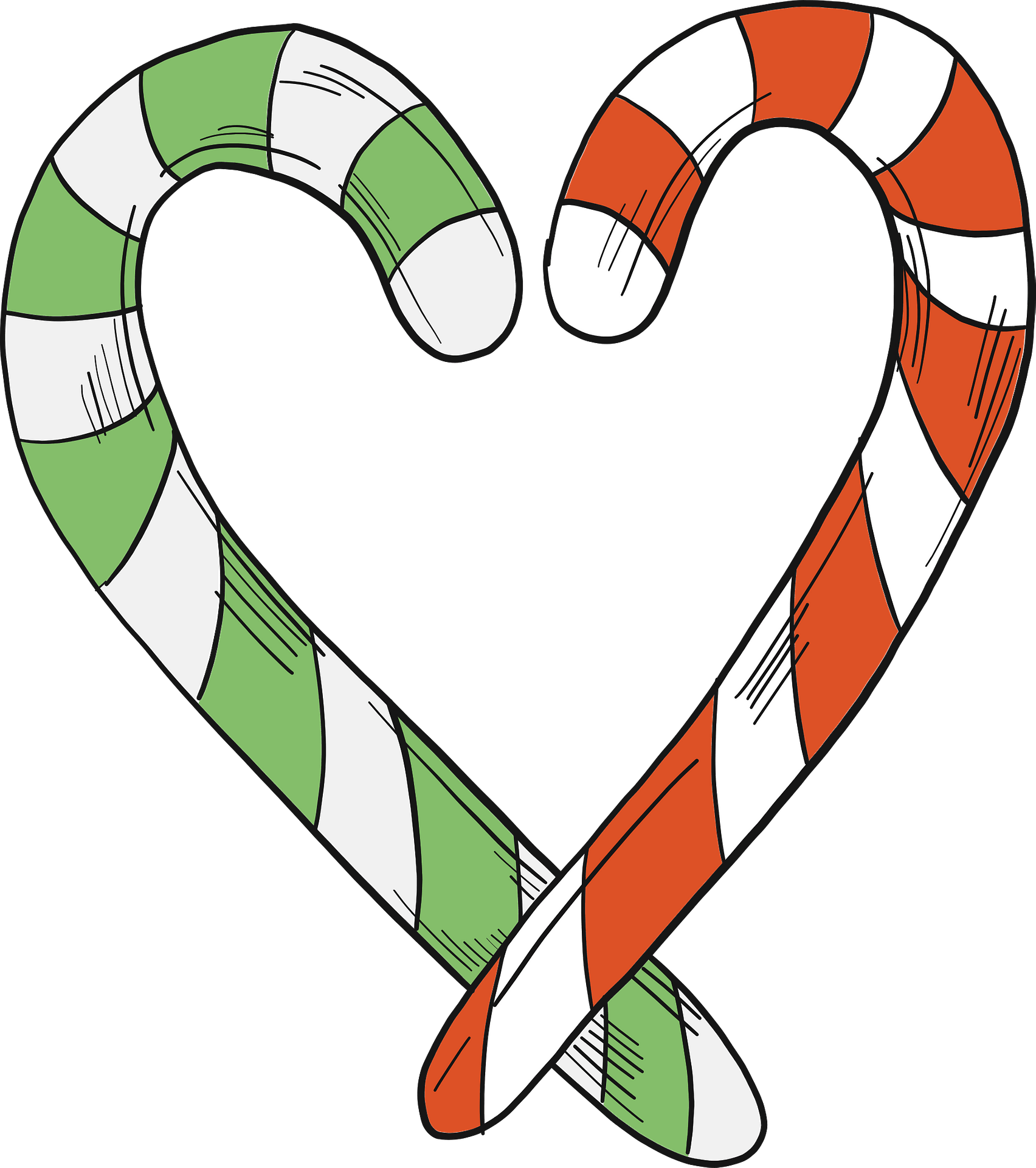 Two candy canes crossed to form a heart shape, one green and white, the other red and white.