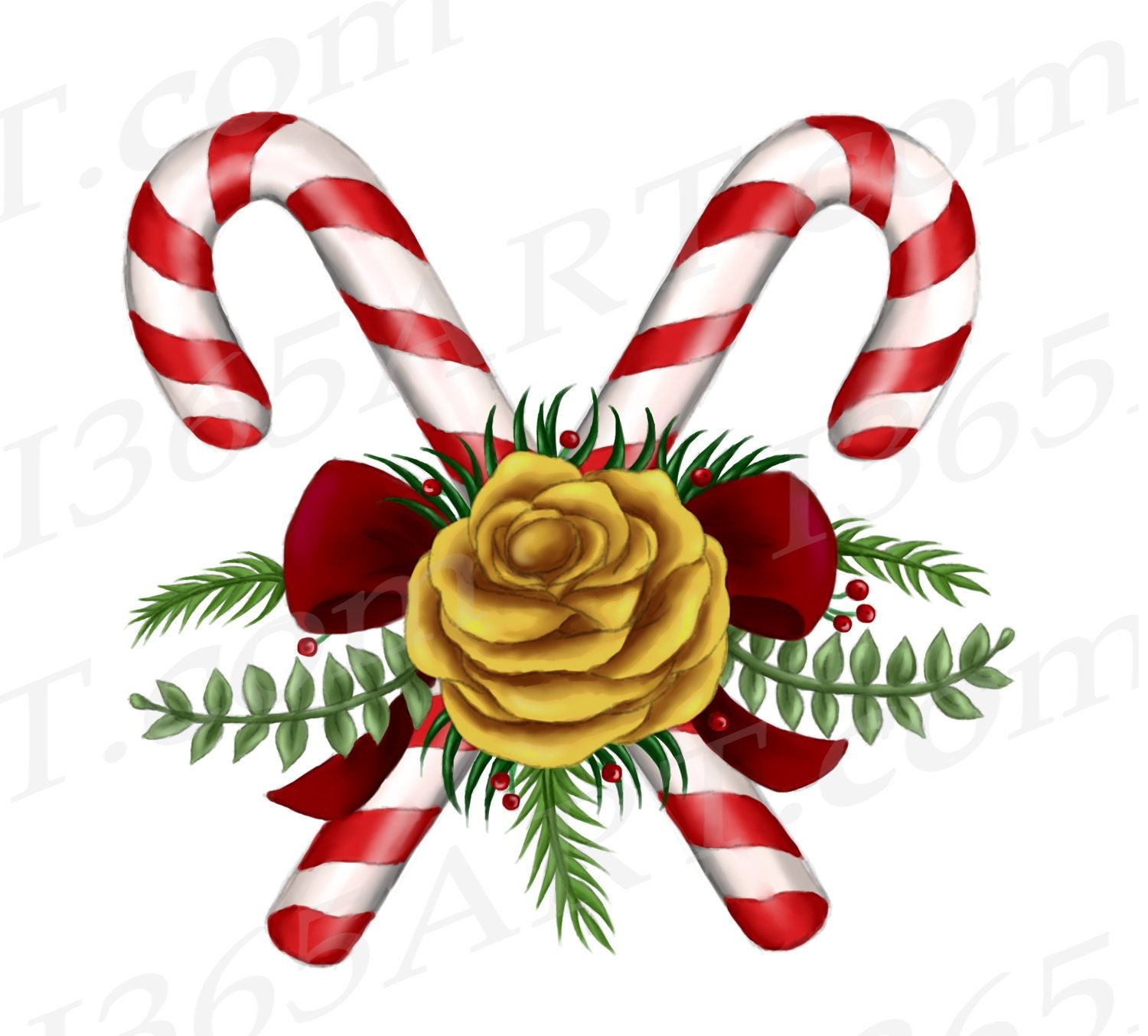 Crossed red and white candy canes decorated with a yellow rose, red bow, and greenery.
