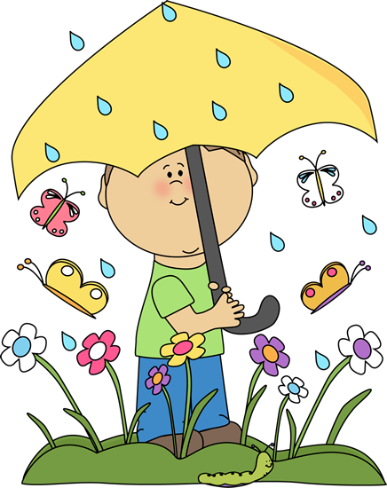 Cartoon boy holding a yellow umbrella in the rain surrounded by butterflies and flowers.