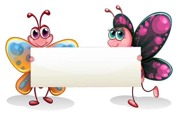 Cute Cartoon Butterflies Holding Blank Sign Template | Free Vector