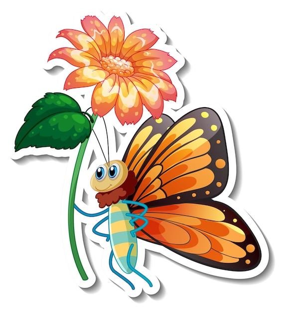 Cartoon Butterfly and Orange Flower Vector Illustration