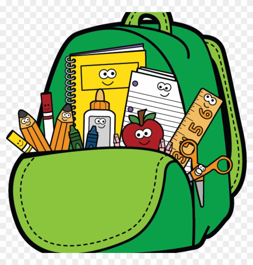 Cute Cartoon Green Backpack with Smiling School Supplies Clip Art