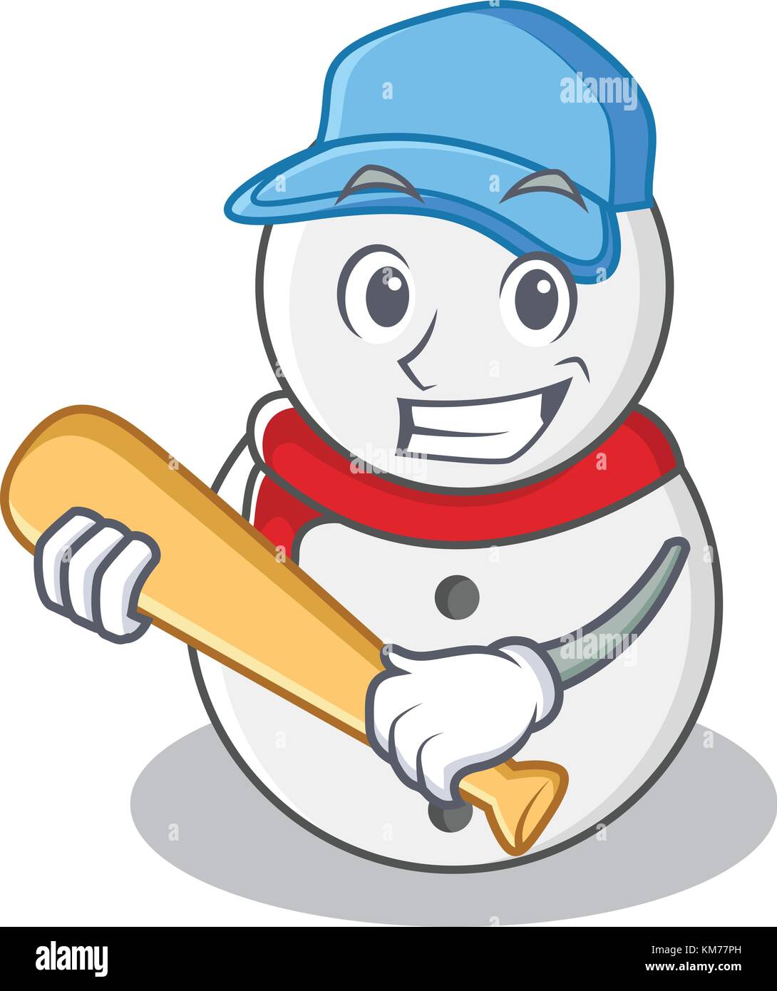 Cartoon snowman in blue cap and red scarf holding a baseball bat.