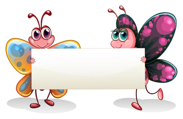 Cartoon Butterflies Holding Blank Sign - Free Vector Illustration