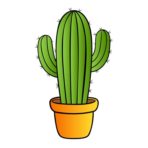 Cartoon illustration of a green cactus with two arms planted in an orange flower pot.