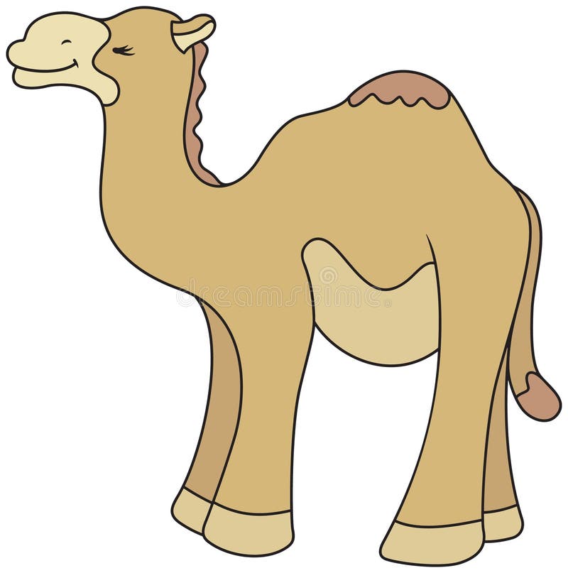 Friendly cartoon camel illustration in tan and beige colors with single hump