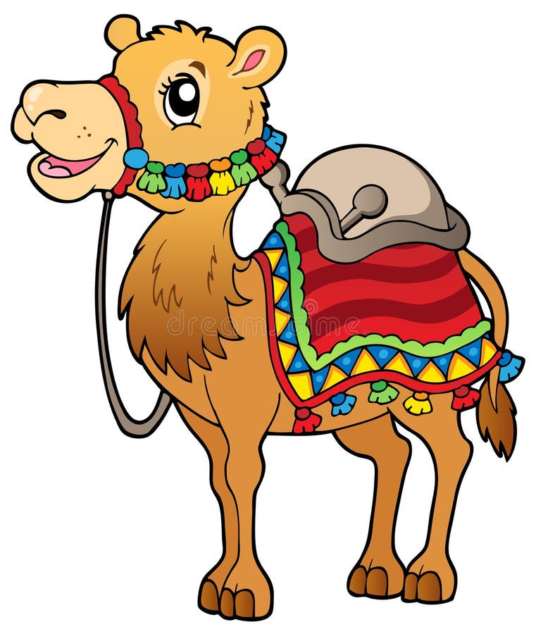 Cute Cartoon Camel with Colorful Saddle and Collar