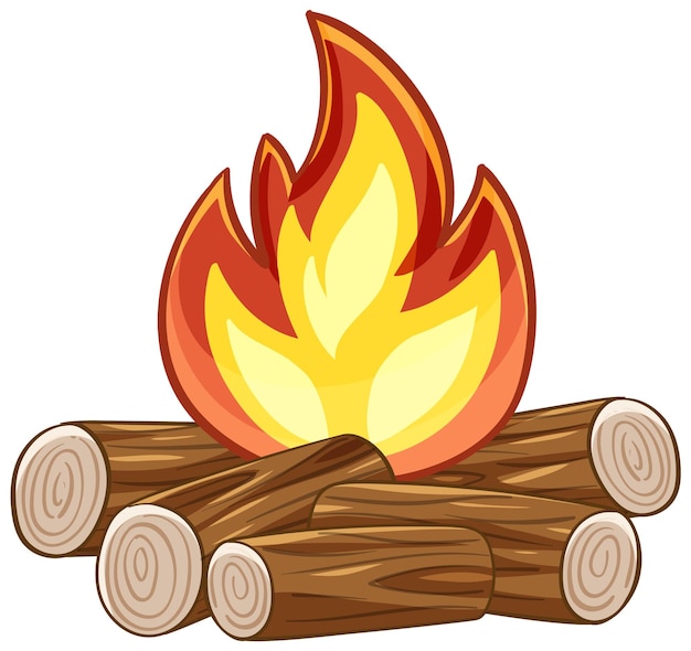 Cartoon campfire illustration with stacked logs and bright yellow and orange flames.