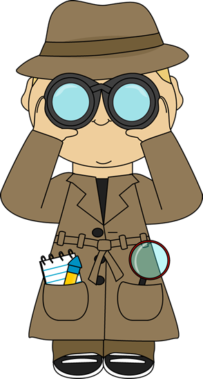 Cartoon detective looking through binoculars with magnifying glass and notepad in pockets.