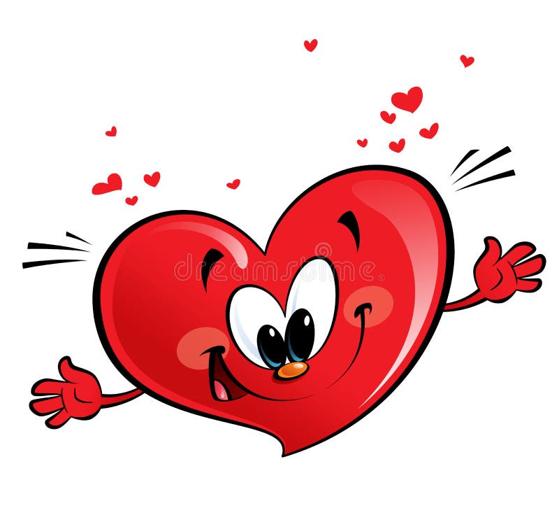 Cartoon red heart character smiling with open arms and floating hearts