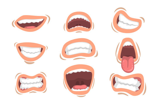 Collection of nine cartoon mouth expressions showing various teeth positions and emotions including smiling, gritting, and open mouth