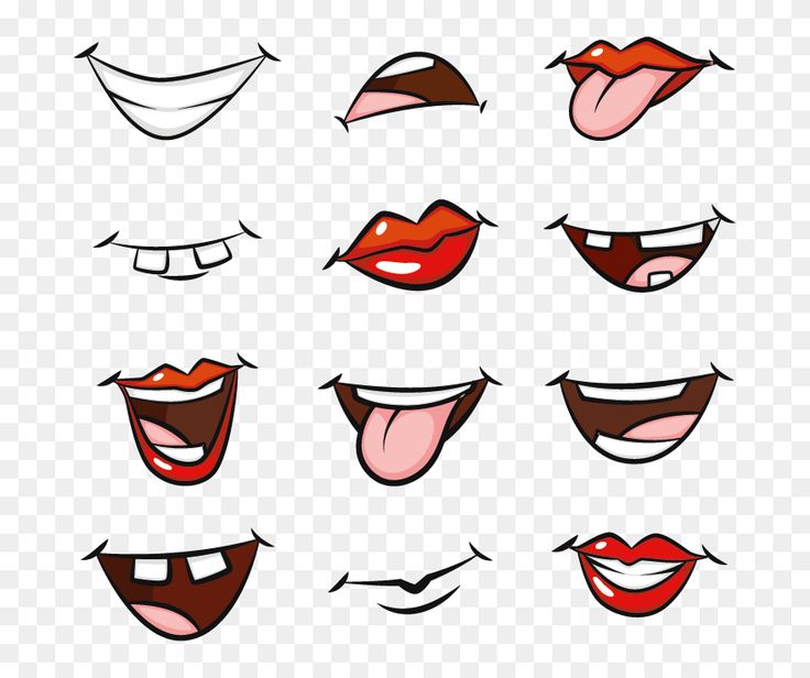 Set of twelve cartoon mouth illustrations featuring various expressions like smiling, laughing, and sticking tongues out.