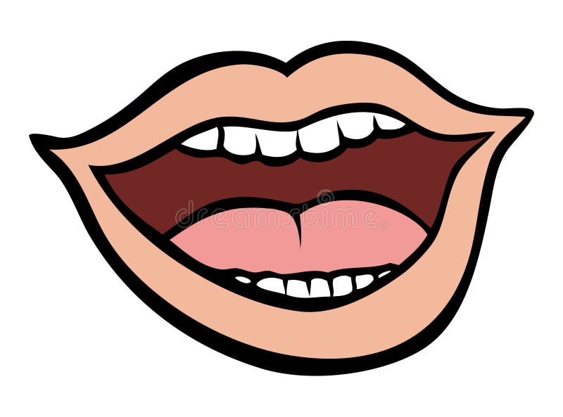 Cartoon illustration of an open mouth showing white teeth and a pink tongue.