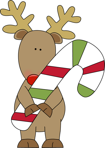 Cartoon reindeer holding a large Christmas candy cane.