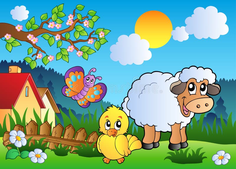 Cartoon sheep and yellow duckling in a sunny meadow with a butterfly and farmhouse.