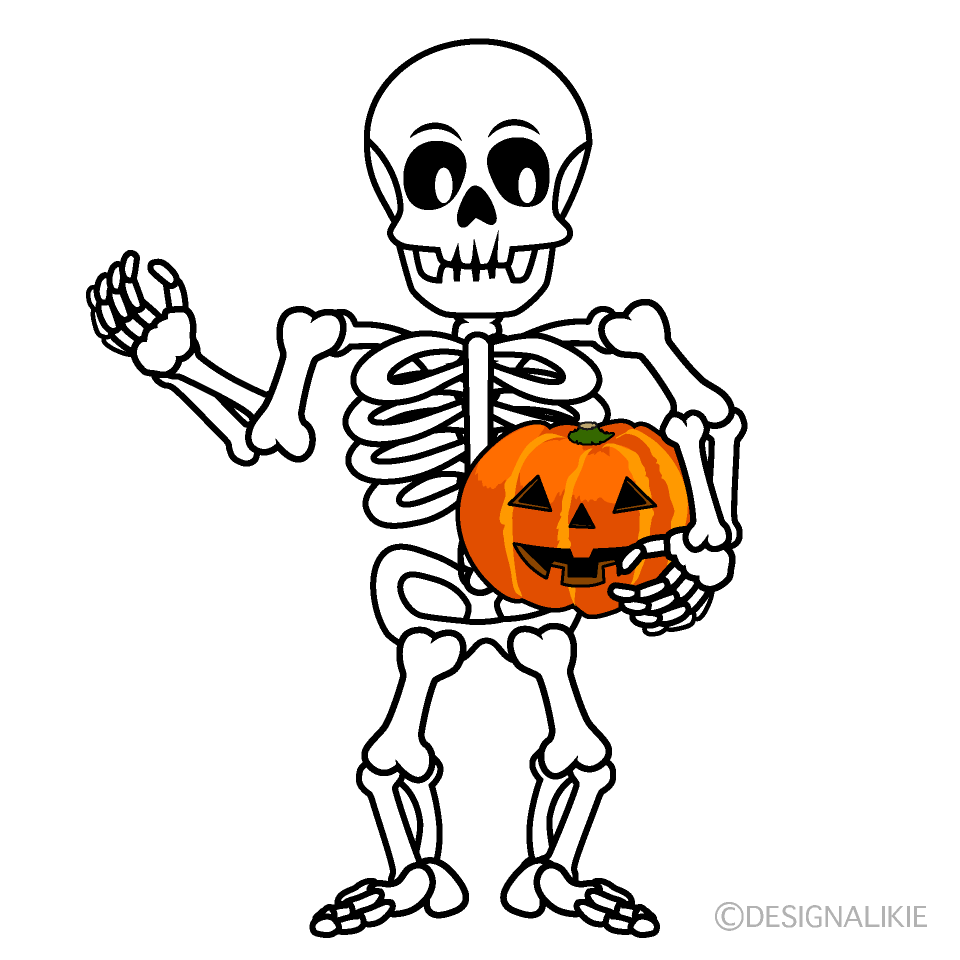 Friendly Cartoon Skeleton Holding a Jack-o'-Lantern