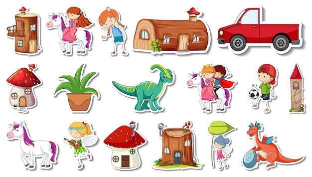 Cartoon Sticker Collection: Unicorns, Dinosaurs, and Treehouses