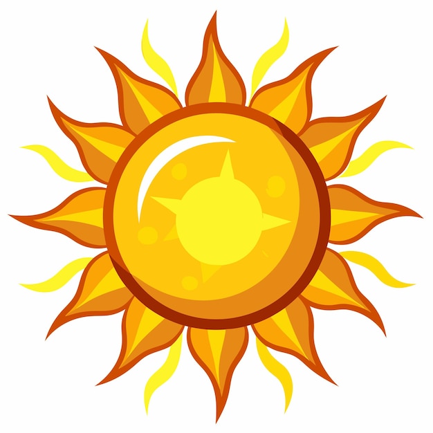 Bright cartoon sun illustration with yellow and orange flame-like rays and a central star highlight.