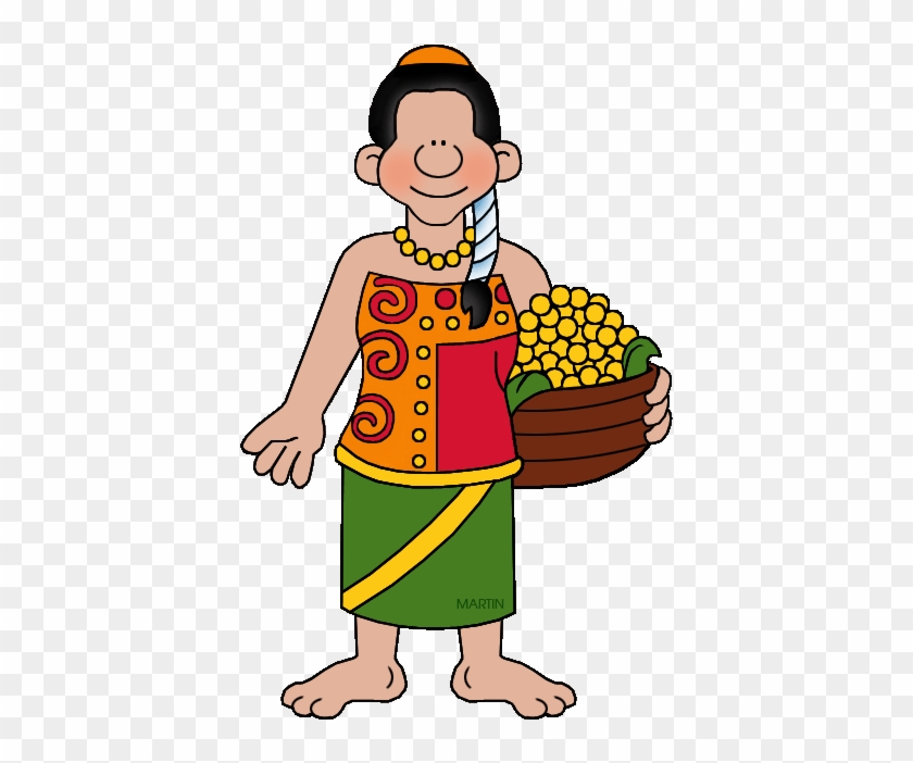 Cartoon tribal man holding a basket of yellow harvest fruits wearing colorful traditional vest and green skirt.