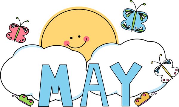 Cartoon illustration of the word May in blue letters with a smiling sun, clouds, and colorful butterflies.