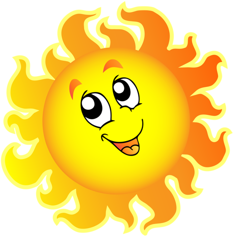 Cheerful cartoon sun with a smiling face and tongue sticking out.