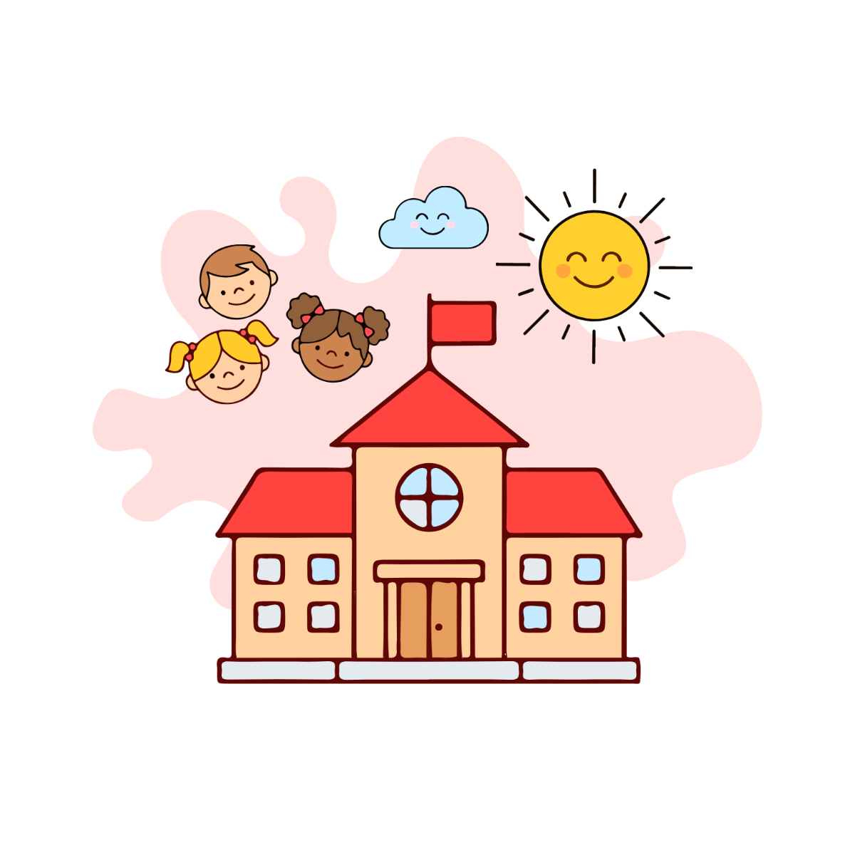 Cheerful School Illustration with Smiling Children and Sunny Sky