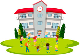 Children playing on the lawn in front of a large school building with a clock tower.