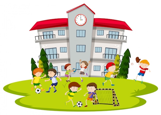 Children Playing Sports Outside School Building Illustration