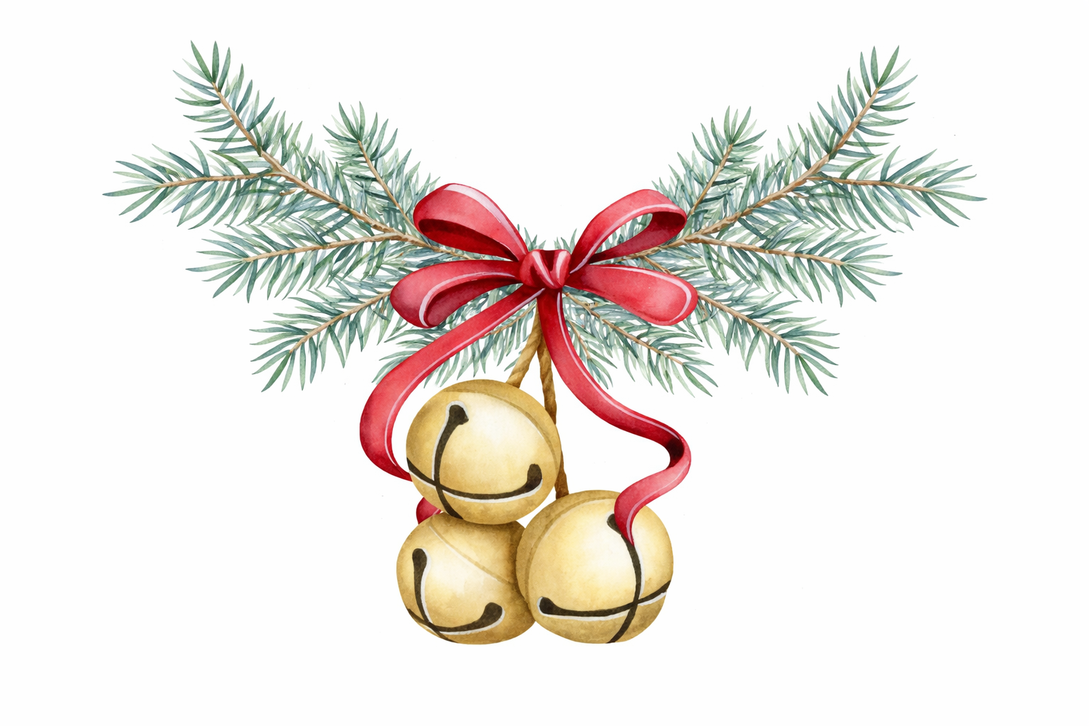 Christmas Bells with Pine Branches - Watercolor Holiday Illustration