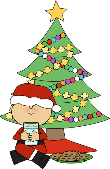 Christmas Boy with Milk and Cookies Under Tree Clip Art