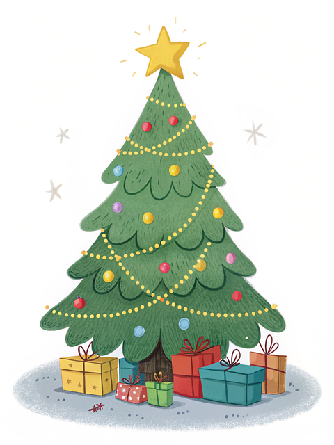Festive Christmas Tree Illustration with Star and Gifts