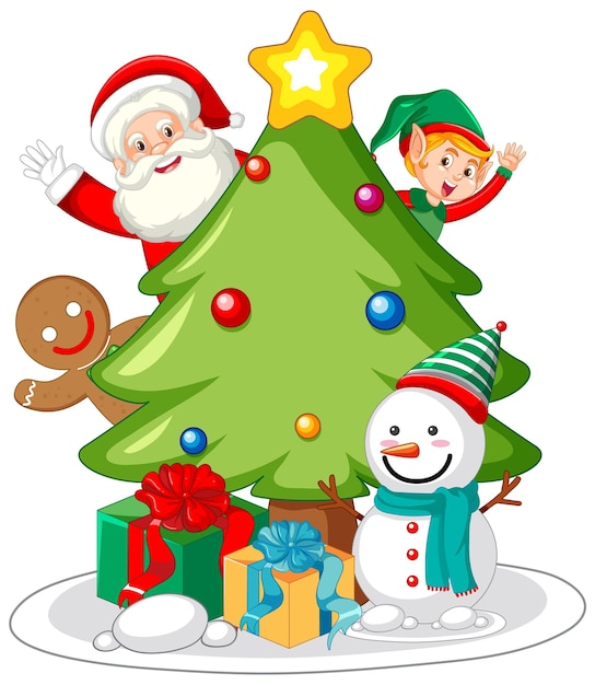A festive cartoon Christmas tree surrounded by Santa Claus, an elf, a gingerbread man, and a snowman with presents.