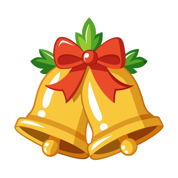 Golden Christmas Bells with Red Bow and Holly Illustration