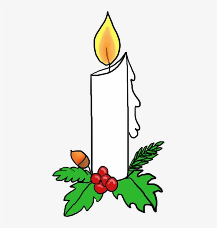 Illustration of a lit white candle surrounded by holly leaves, red berries, and an acorn.