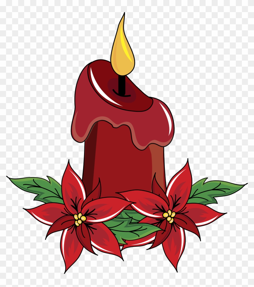 Christmas Candle with Poinsettia Flowers - Free Holiday Clipart