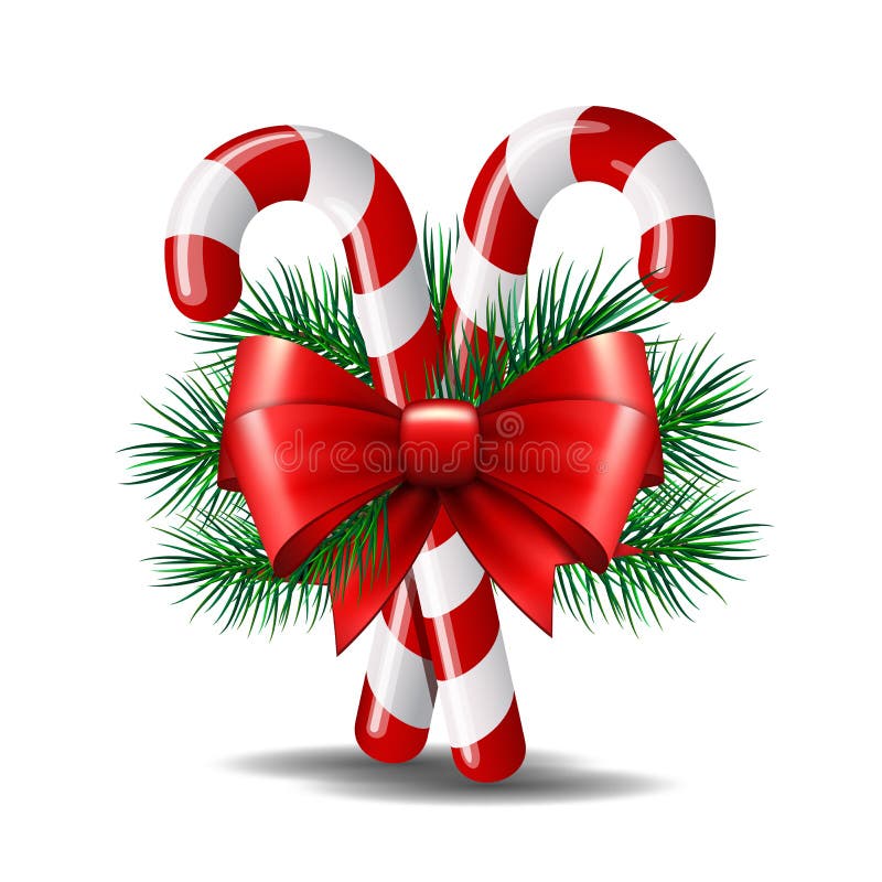 Two red and white striped candy canes crossed with a red bow and green pine needles.