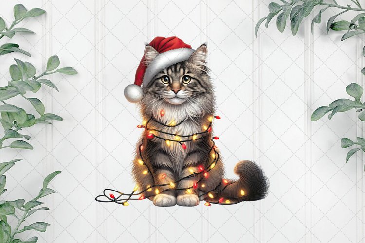 Adorable Christmas Cat with Santa Hat and Lights - Holiday Illustration