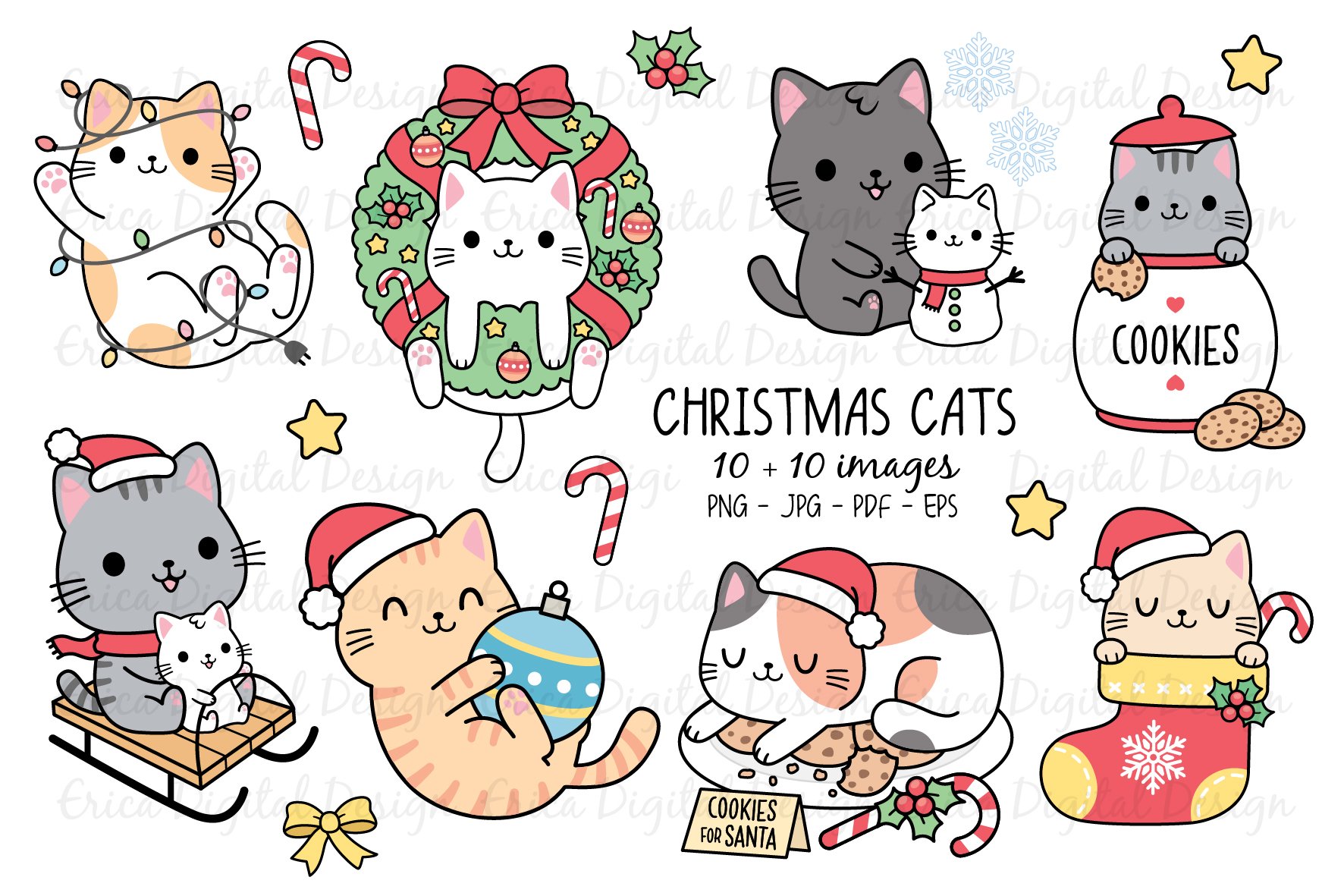 Christmas Cats Clipart Bundle - Cute Holiday Kitten Digital Art