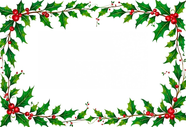 Festive Christmas Holly Leaf and Berry Border Frame