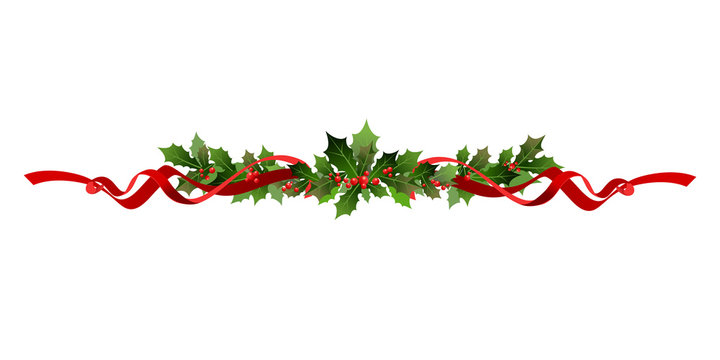 Christmas Holly Leaves and Red Ribbon Decorative Border Vector