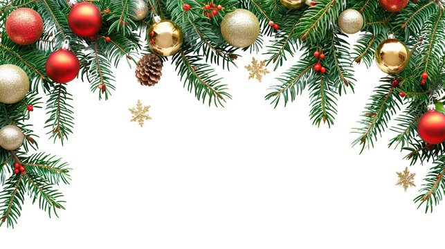Festive Christmas Border with Pine Branches, Red and Gold Ornaments | Holiday Design