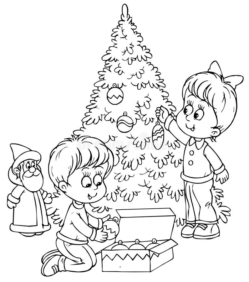 Christmas Tree Decorating Coloring Page for Kids