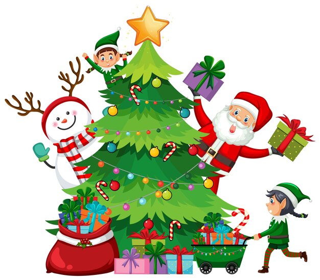 Festive Christmas Tree Scene with Santa, Snowman, and Elves