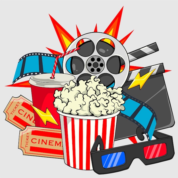 Cinema Movie Night Icons - Popcorn, Tickets, and Film Reel Vector