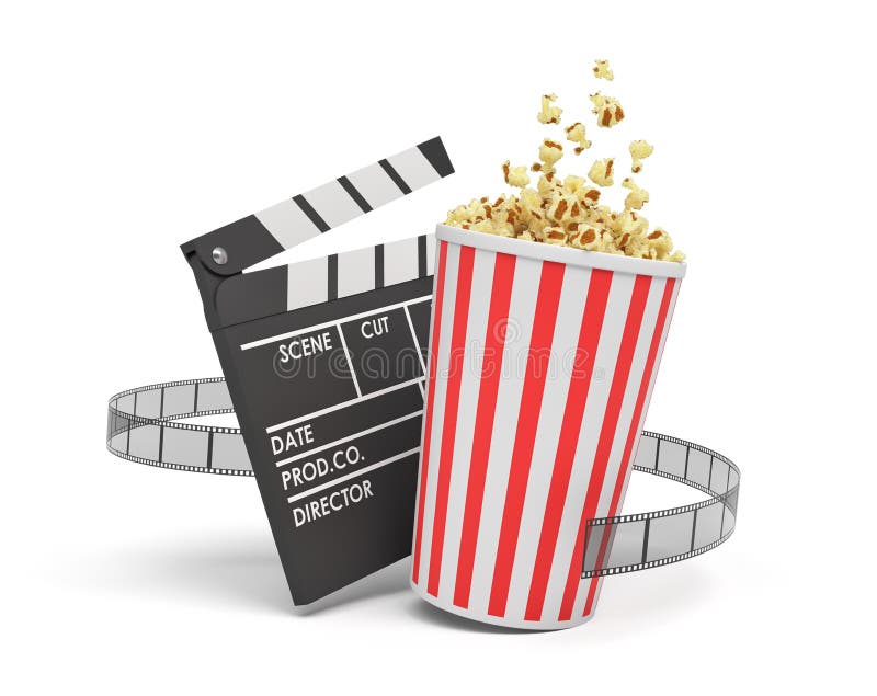 Popcorn bucket, clapperboard, and film strip on white background.