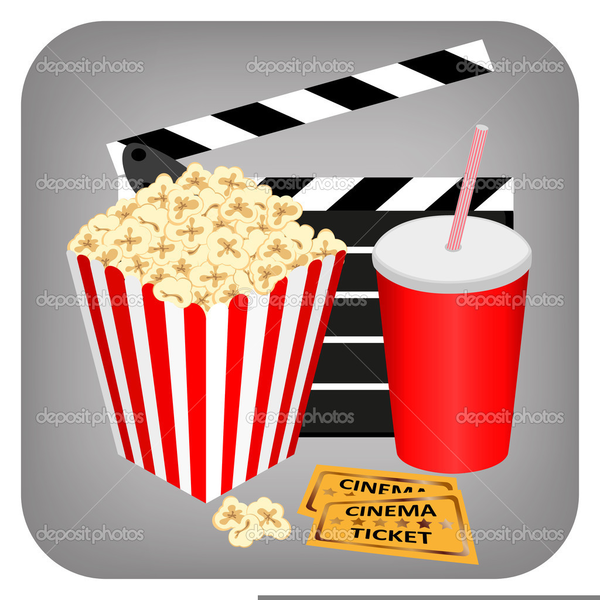 Movie theater snacks illustration with popcorn, soda, clapperboard, and cinema tickets.