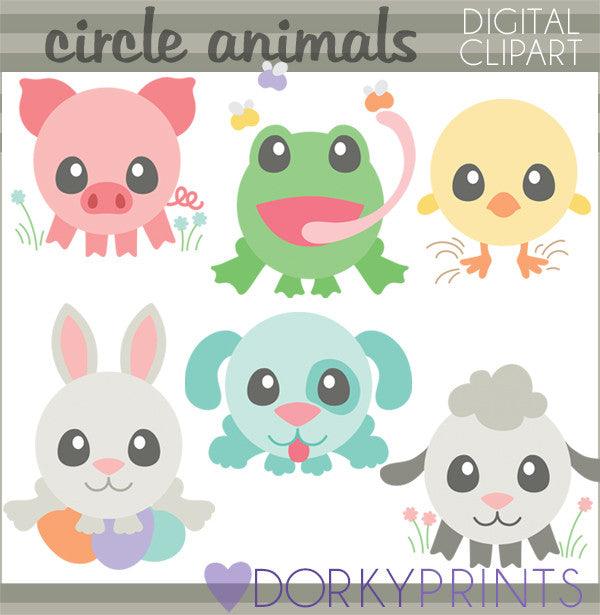 Cute circle animal clipart featuring a pig, frog, chick, rabbit, dog, and sheep in pastel colors.